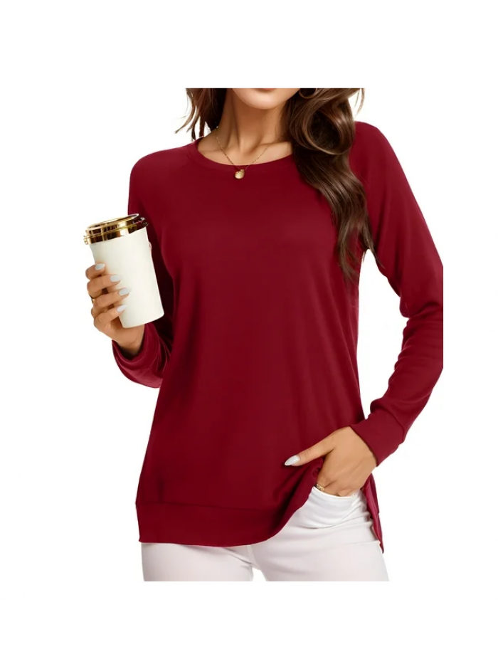 EASTHER Plus Size Tops Women's Round Neck Long Sleeve Knit Ribbed Fitted Crop Top Casual Basic Shirts
