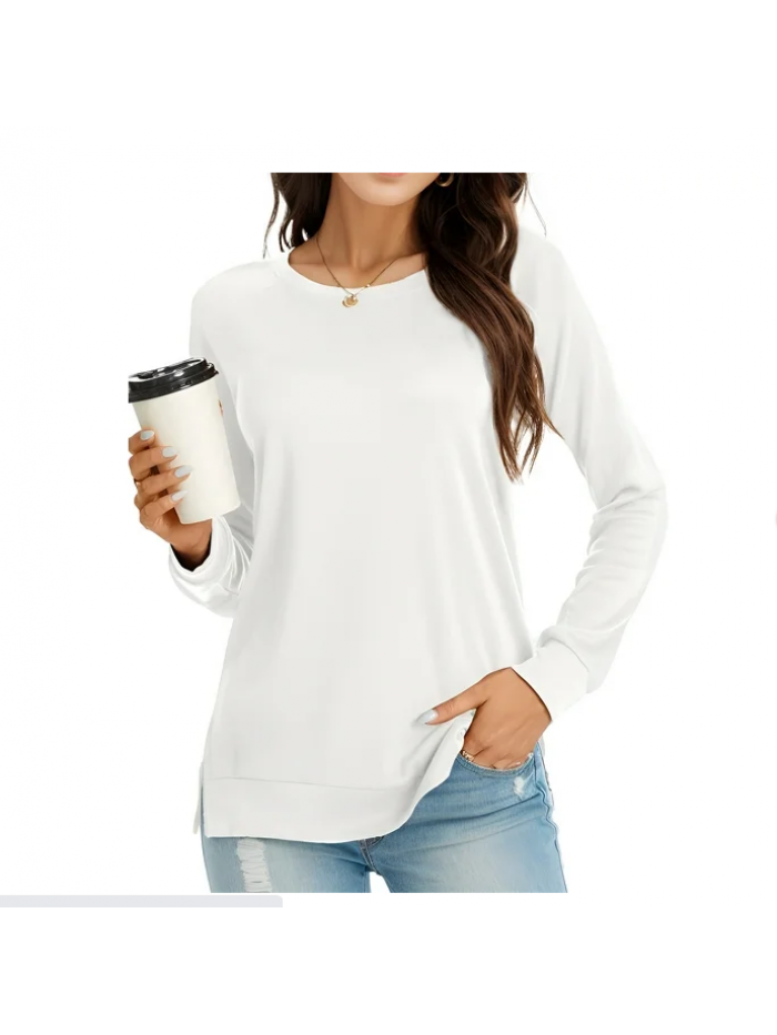 EASTHER Plus Size Tops Women's Round Neck Long Sleeve Knit Ribbed Fitted Crop Top Casual Basic Shirts