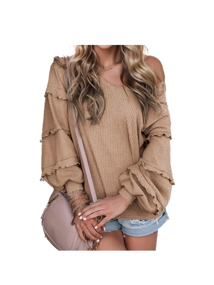 EASTHER Womens Casual Off Shoulder Tops Long Sleeve Ruffle Flowy Chiffon Blouses Shirts