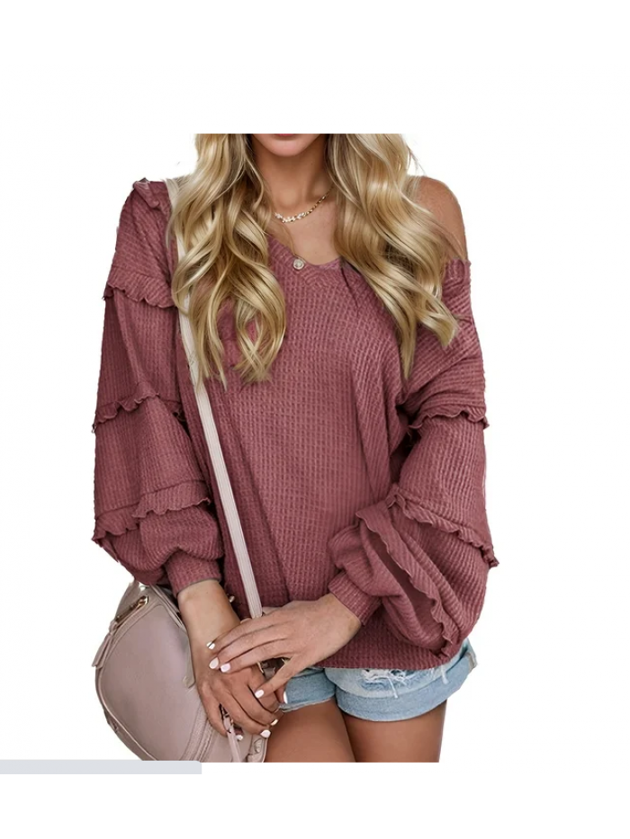 EASTHER Womens Casual Off Shoulder Tops Long Sleeve Ruffle Flowy Chiffon Blouses Shirts