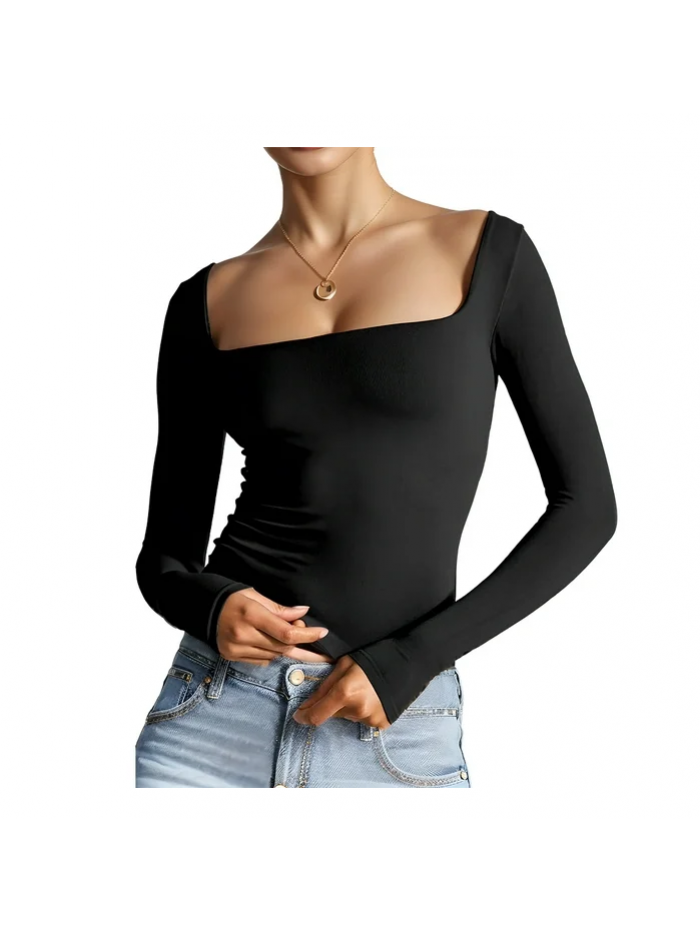 Easther Women's Sexy Long Sleeve Crop Top Square Neck Double Lined Basic Slim Fit T Shirt
