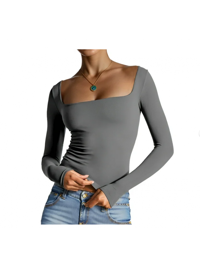 Easther Women's Sexy Long Sleeve Crop Top Square Neck Double Lined Basic Slim Fit T Shirt