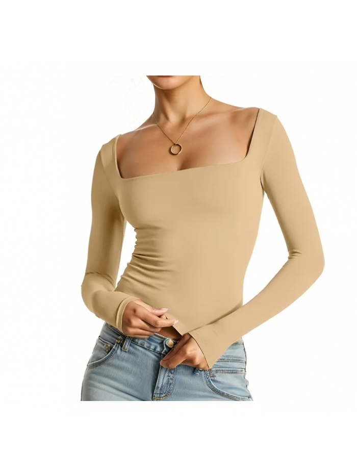 Easther Women's Sexy Long Sleeve Crop Top Square Neck Double Lined Basic Slim Fit T Shirt