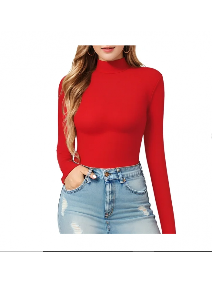 EASTHER Christmas Shirts Women's Mock Turtle Neck Slim Fit Long Half Short Sleeve T Shirt Tight Tops Tee Christmas Sweatshirts Red L