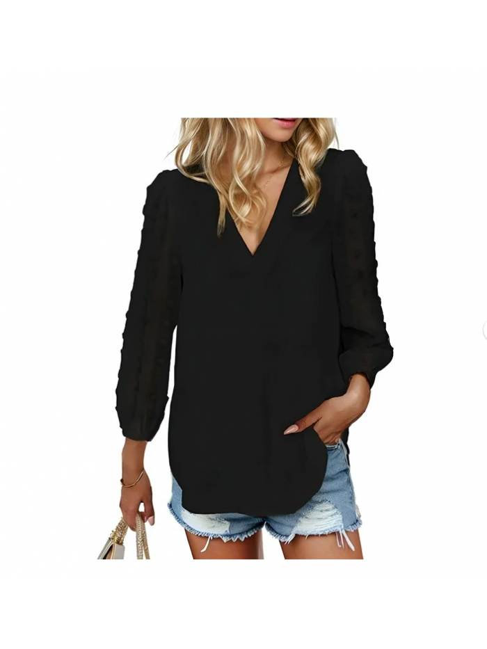 EASTHER Christmas Blouses Women's Long Sleeve Pom Pom Top V Neck Pleated Shirts Casual Loose Chiffon Blouse Christmas Sweatshirts Black XL