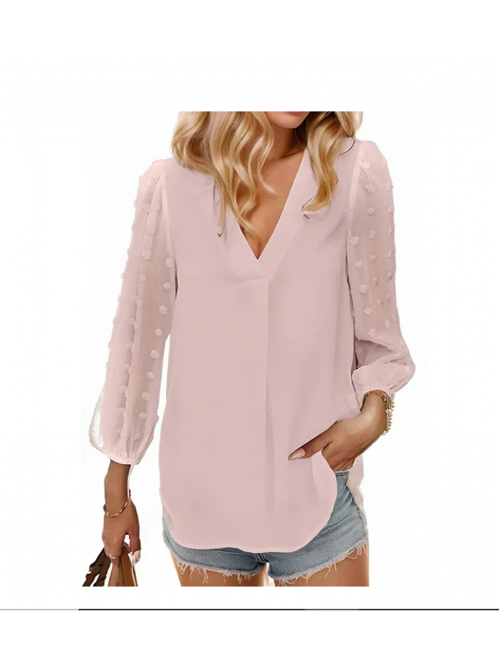 EASTHER Christmas Blouses Women's Long Sleeve Pom Pom Top V Neck Pleated Shirts Casual Loose Chiffon Blouse Christmas Sweatshirts Black XL