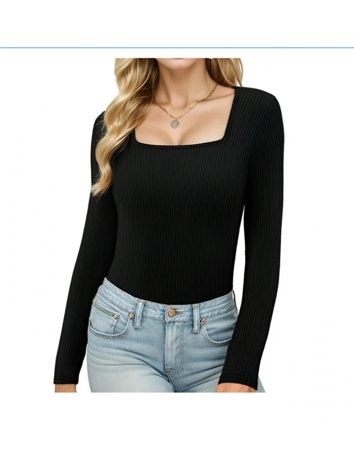 EASTHER Womens Long Sleeve Square Neck Tops 2023 Fall Slim Fit Tees Shirts