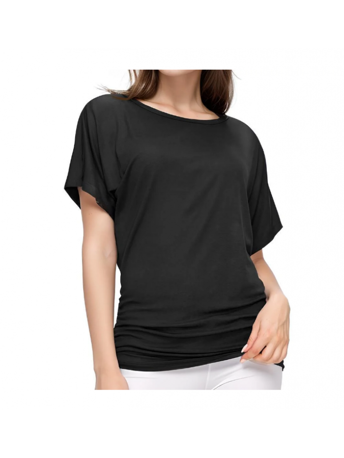 EASTHER Women's Short Sleeve Boat Neck Dolman Top with Side Shirring(Black,XL)