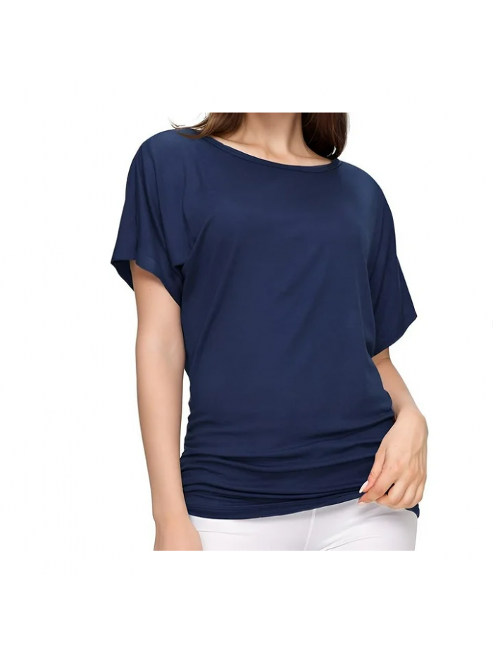 EASTHER Women's Short Sleeve Boat Neck Dolman Top with Side Shirring(Black,XL)