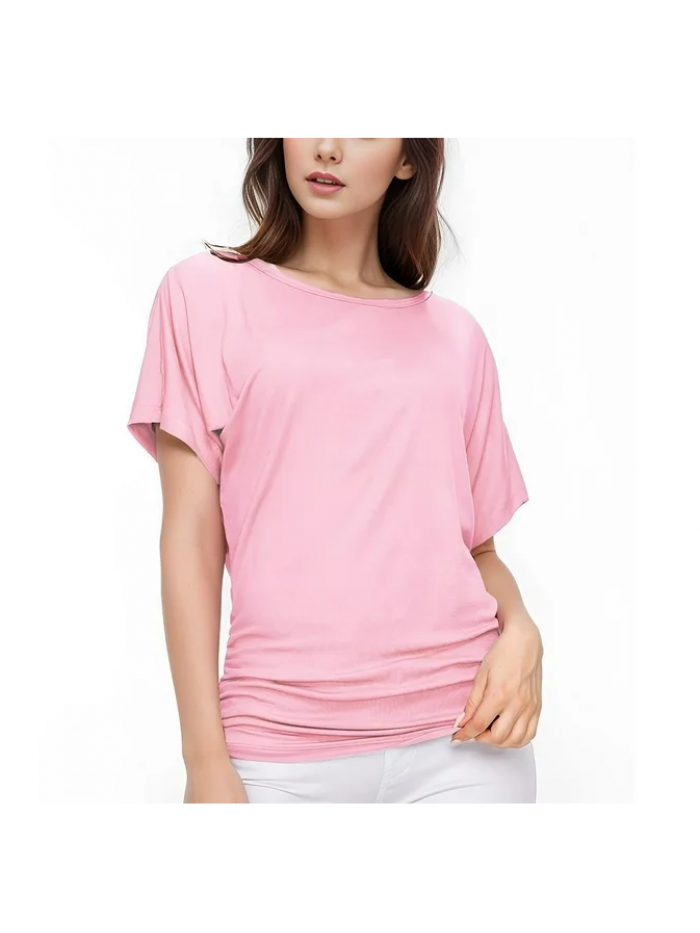 EASTHER Women's Short Sleeve Boat Neck Dolman Top with Side Shirring(Black,XL)