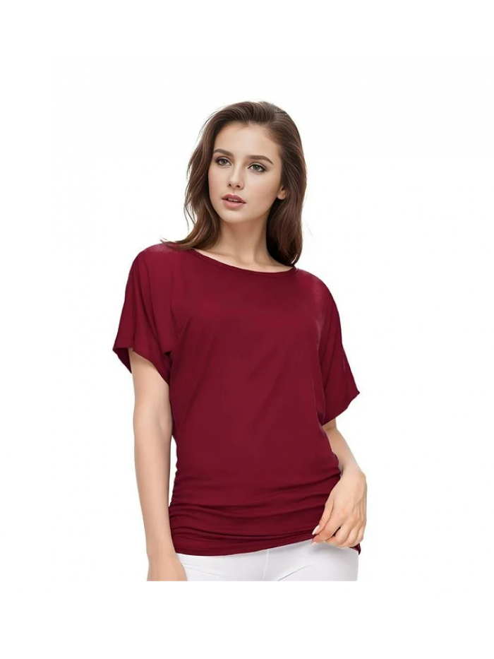 EASTHER Women's Short Sleeve Boat Neck Dolman Top with Side Shirring(Black,XL)