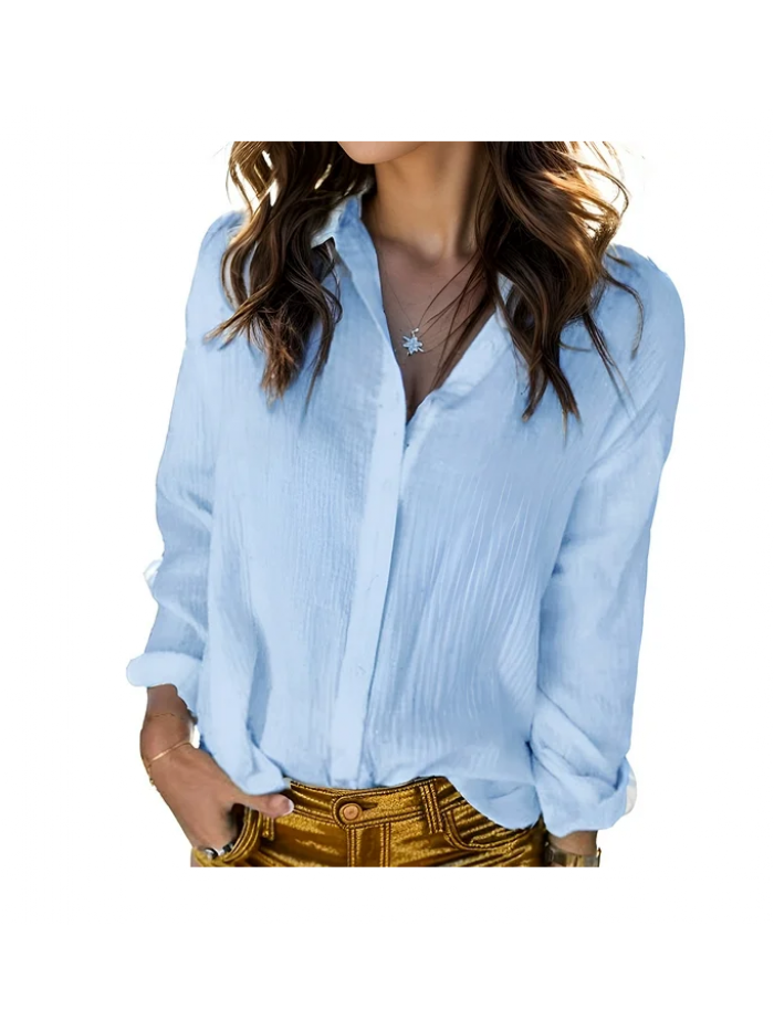 EASTHER Womens Long Sleeve Tops V Neck Roll up Button Down Blouses Loose Fit Tops