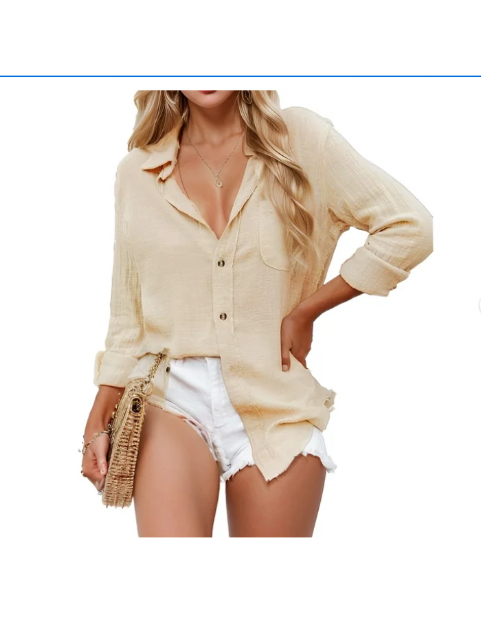 EASTHER Women's Fall Bamboo Cotton Linen V Neck Button Down Shirt Long/Roll Up Sleeve Casual Collared Work Blouse Top