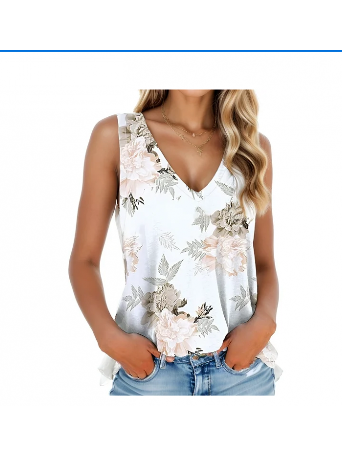 EASTHER Sleeveless Womens Tank Tops V Neck T Shirts Sleeveless Tops Loose Fit Floral Side Split Tanks