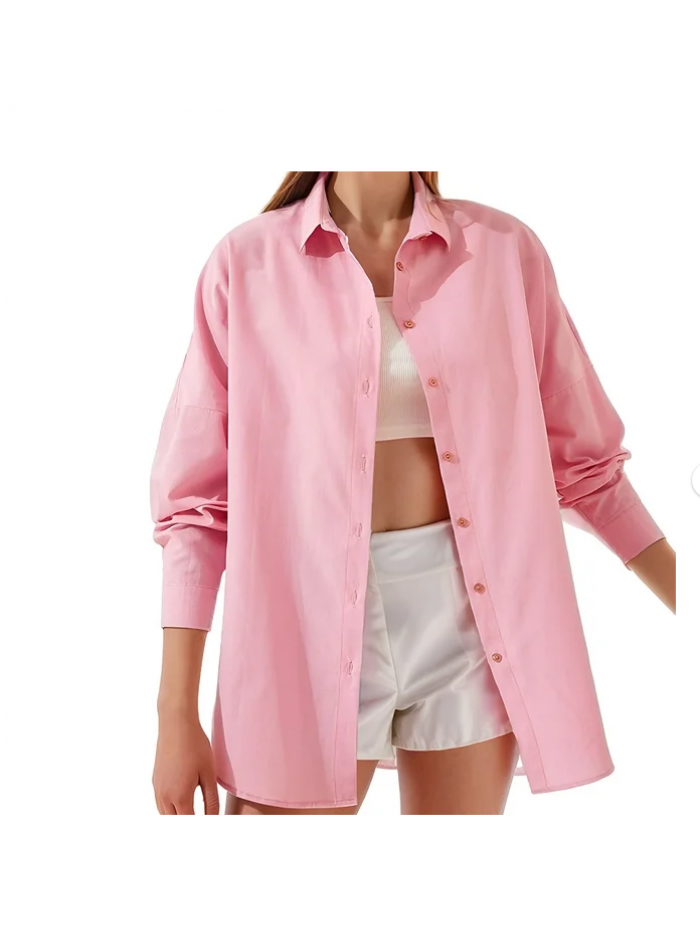 EASTHER Women's Oversided Button Down Shirts Roll Up Long Sleeve Blouse Casual Loose Boyfriend Dressy Tops