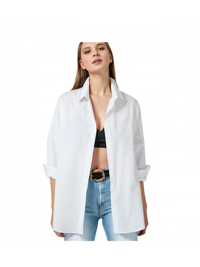 EASTHER Women's Oversided Button Down Shirts Roll Up Long Sleeve Blouse Casual Loose Boyfriend Dressy Tops