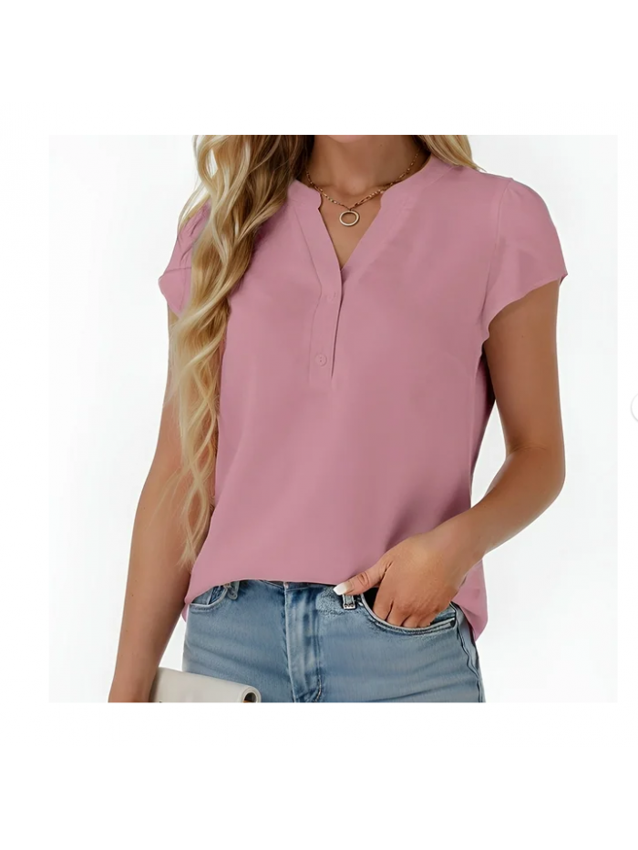 Easther Women's Dressy Casual Tops Business Work Blouses White Button Down Shirts Cap Sleeve V Neck Tshirt