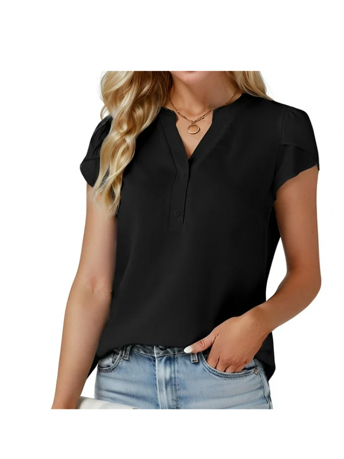 Easther Women's Dressy Casual Tops Business Work Blouses White Button Down Shirts Cap Sleeve V Neck Tshirt