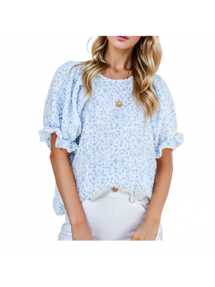 EASTHER Floral Print Blouses for Women Crewneck Smocked Puff Sleeve Shirts Casual Babydoll Tops