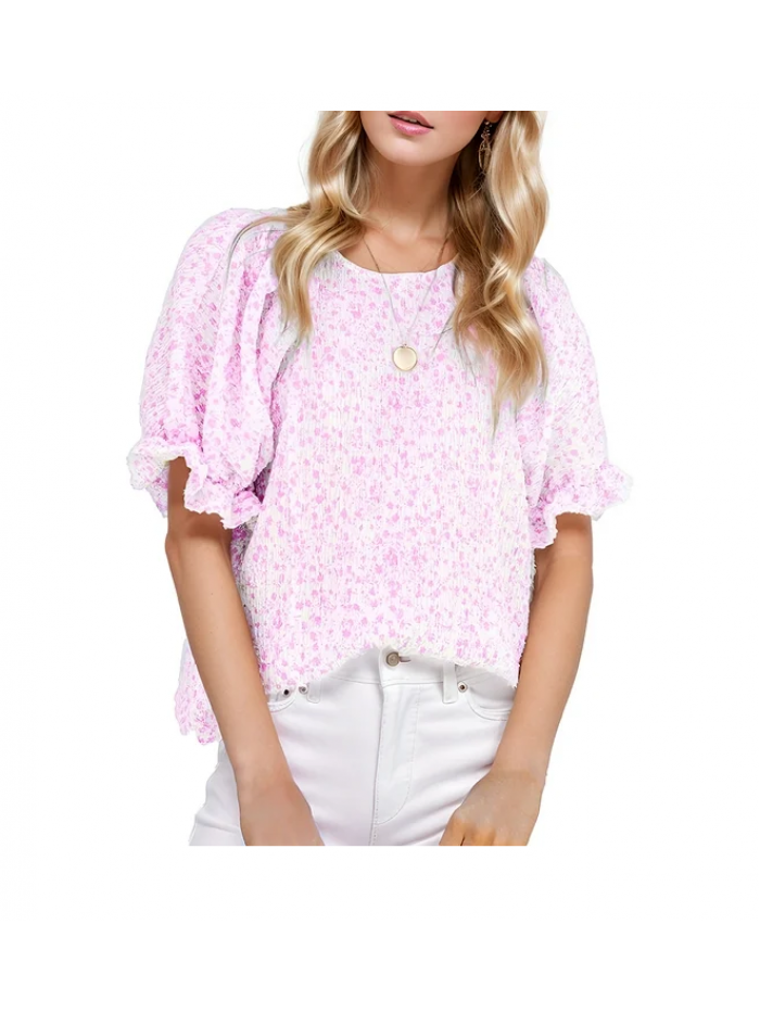 EASTHER Floral Print Blouses for Women Crewneck Smocked Puff Sleeve Shirts Casual Babydoll Tops