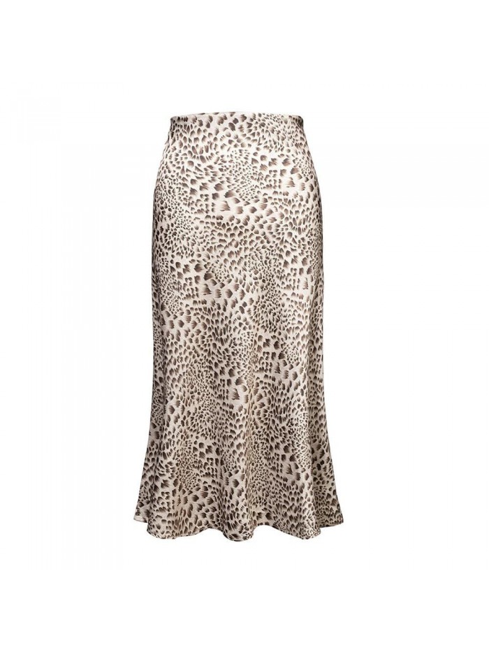 EASTHER Women's Midi Length Skirt Cheetah High Waist Silk Satin Ladies With Leopard Print Elasticized Skort Summer Spotted Skirts
