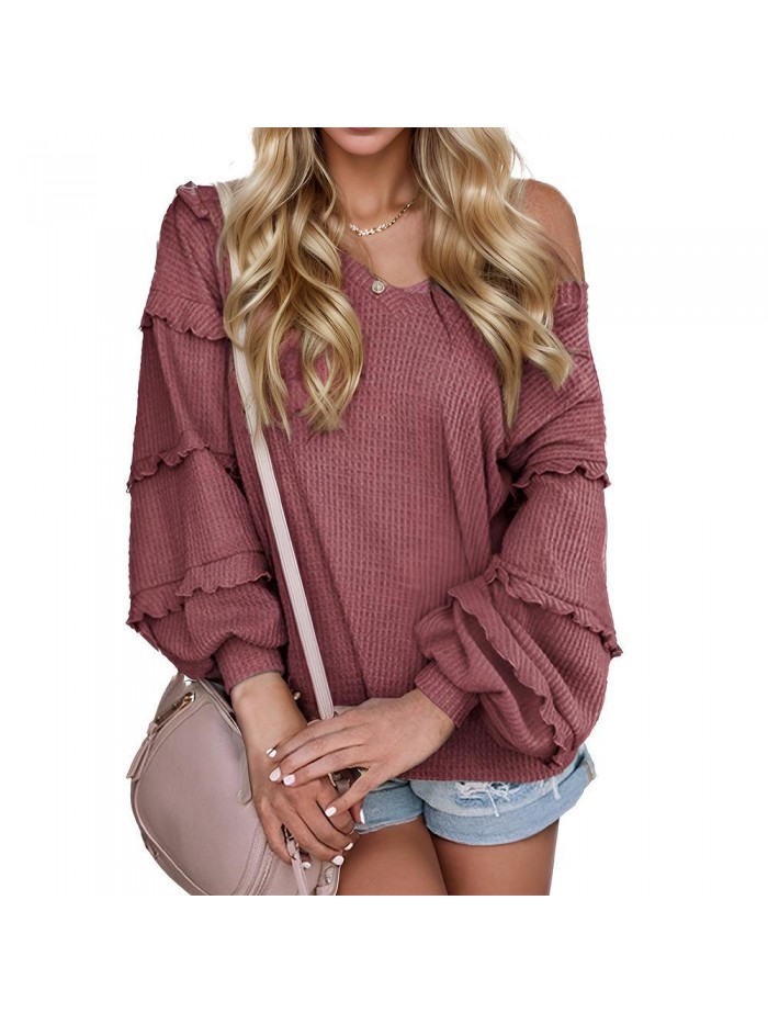 EASTHER Womens Tops Fall Casual Lace Long Sleeve Criss Cross V Neck Waffle Knit Blouses Fashion Loose Side Slit Shirts