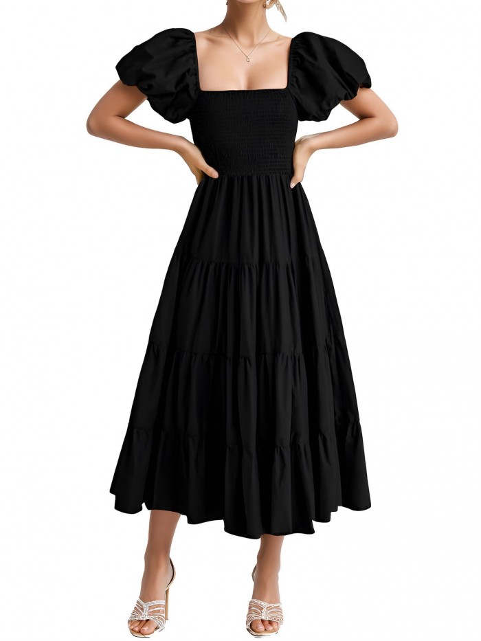 EASTHER Midi Dresses for Women Puff Short Sleeve Square Neck Summer Ruched Tiered Dress