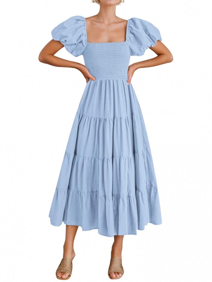 EASTHER Midi Dresses for Women Puff Short Sleeve Square Neck Summer Ruched Tiered Dress
