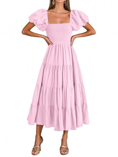 EASTHER Midi Dresses for Women Puff Short Sleeve S...