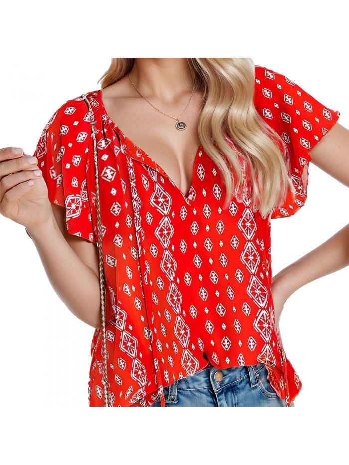 EASTHER Women's Blouses Floral Print V Neck Ruffle Short Sleeve Shirts Casual Summer Fashion Tops