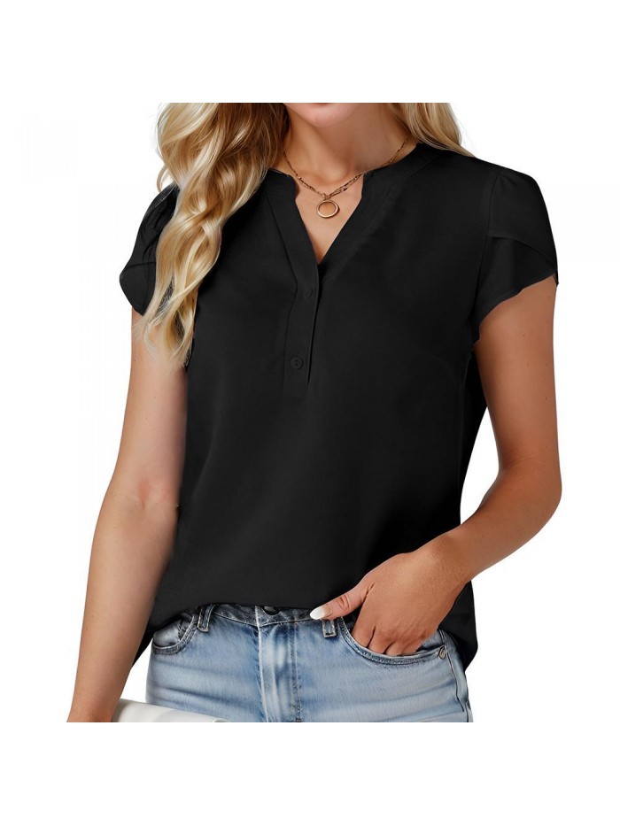 EASTHER Womens Tops Dressy Casual Summer Chiffon Blouses Cap Short Sleeve Button Down Shirt