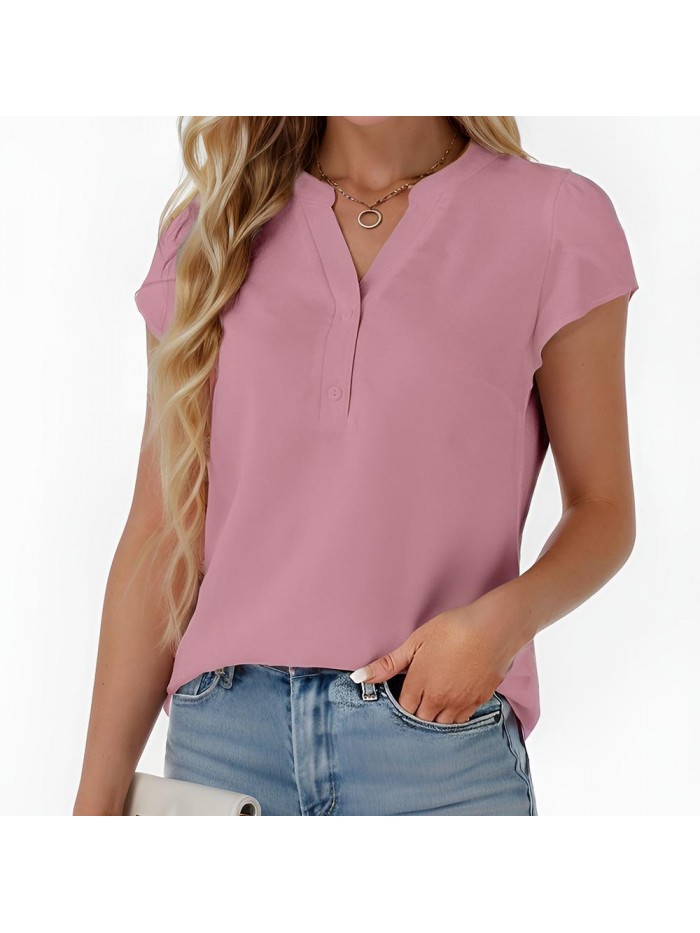 EASTHER Womens Tops Dressy Casual Summer Chiffon Blouses Cap Short Sleeve Button Down Shirt