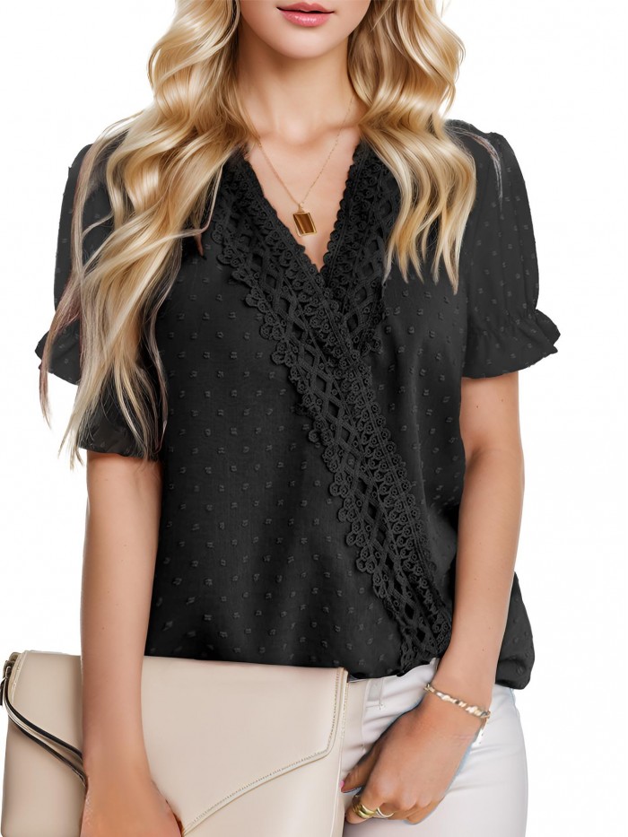 EASTHER Chiffon Blouses for Women Puff Short Sleeve V Neck T Shirts Swiss Dot Tops Dressy Casual