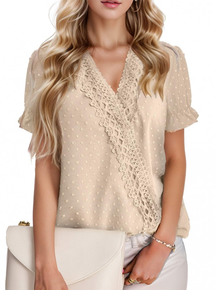 EASTHER Chiffon Blouses for Women Puff Short Sleeve V Neck T Shirts Swiss Dot Tops Dressy Casual