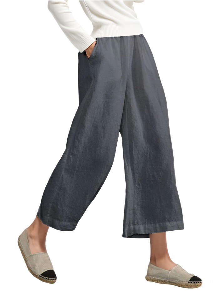 EASTHER Womens Casual Loose Elastic Waist Cotton Trouser Cropped Wide Leg Pants