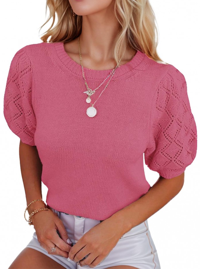 EASTHER Womens Short Sleeve Sweaters Crewneck Knit Pullover Tops 2023 Fall Casual Lightweight Crochet Blouse Shirt