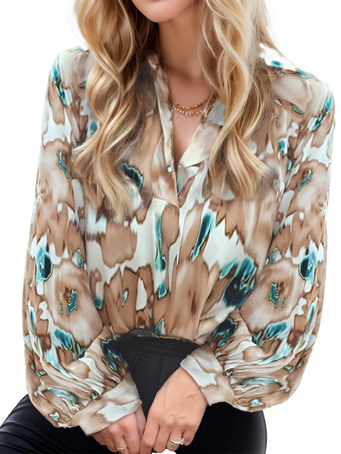 EASTHER Long Sleeve Blouses for Women Boho Floral Work Tops Summer Casual V Neck Shirt