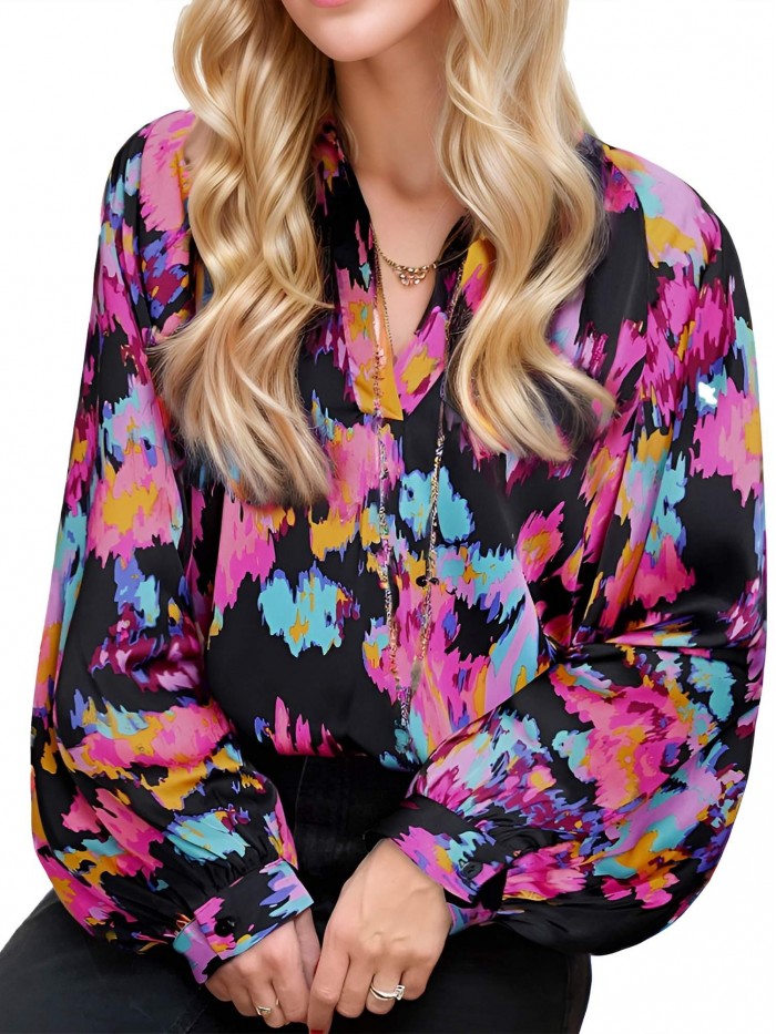 EASTHER Long Sleeve Blouses for Women Boho Floral Work Tops Summer Casual V Neck Shirt
