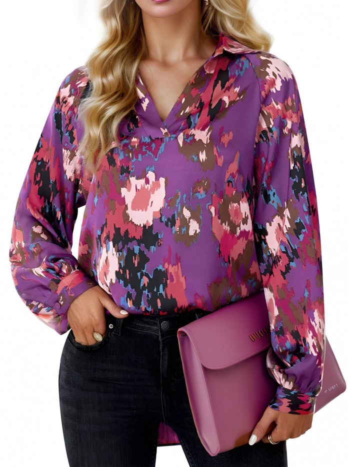 EASTHER Long Sleeve Blouses for Women Boho Floral Work Tops Summer Casual V Neck Shirt