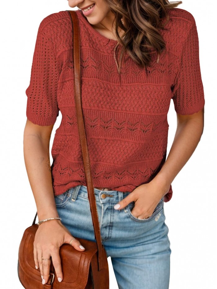 EASTHER Womens Short Sleeve Sweaters Tops Crew Neck Pullover Shirt Lightweight Knit Sweater Blouse