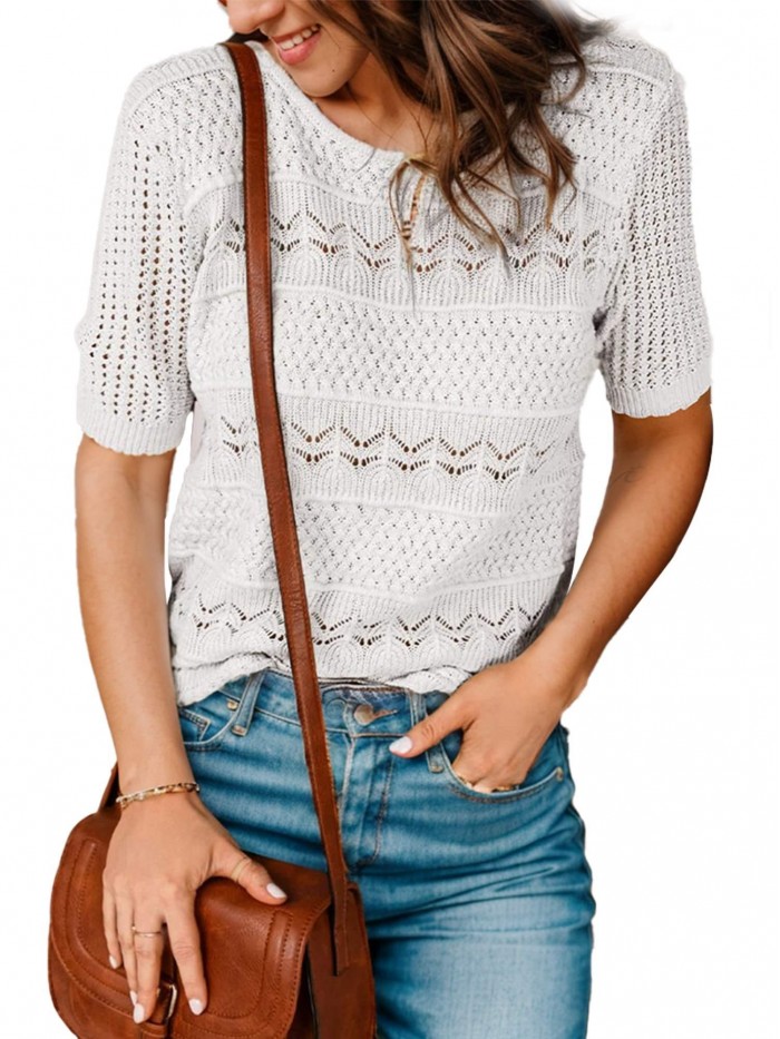 EASTHER Womens Short Sleeve Sweaters Tops Crew Neck Pullover Shirt Lightweight Knit Sweater Blouse