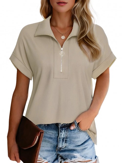EASTHER Womens Short Sleeve Tops and Blouses Zippe...