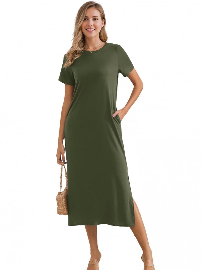 EASTHER Womens Summer Dresses Casual Short Sleeve Maxi Dress Tie Dye Print T Shirt Dresses with Pockets