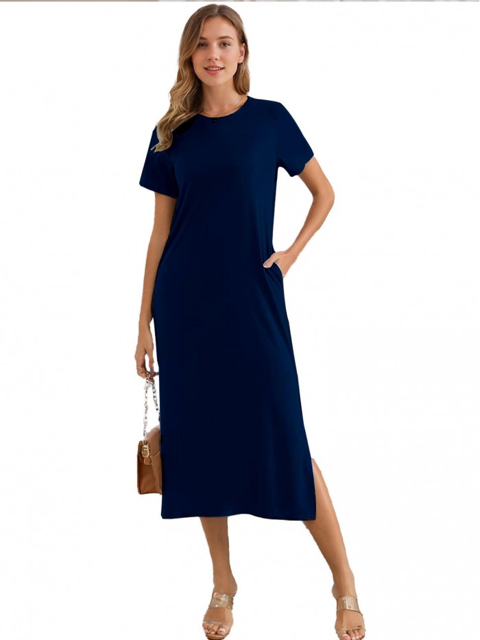EASTHER Womens Summer Dresses Casual Short Sleeve Maxi Dress Tie Dye Print T Shirt Dresses with Pockets
