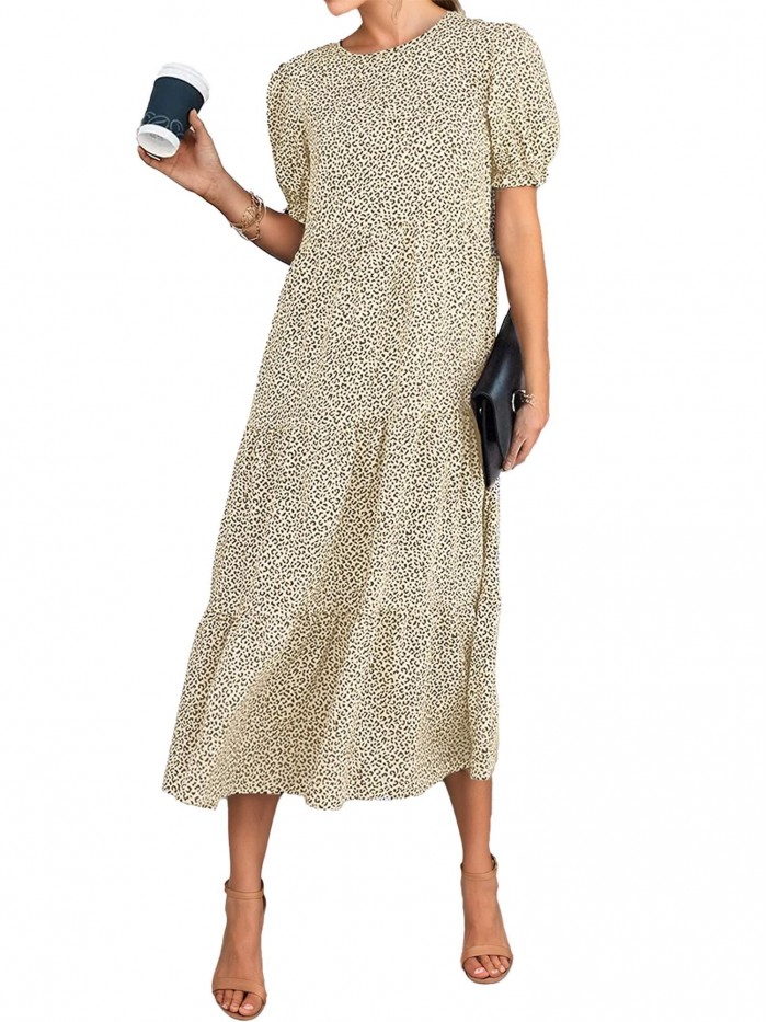 EASTHER Women's Summer Casual Dresses Boho Print Ruffle Puff Sleeve High Waist Midi Beach Dresse Black