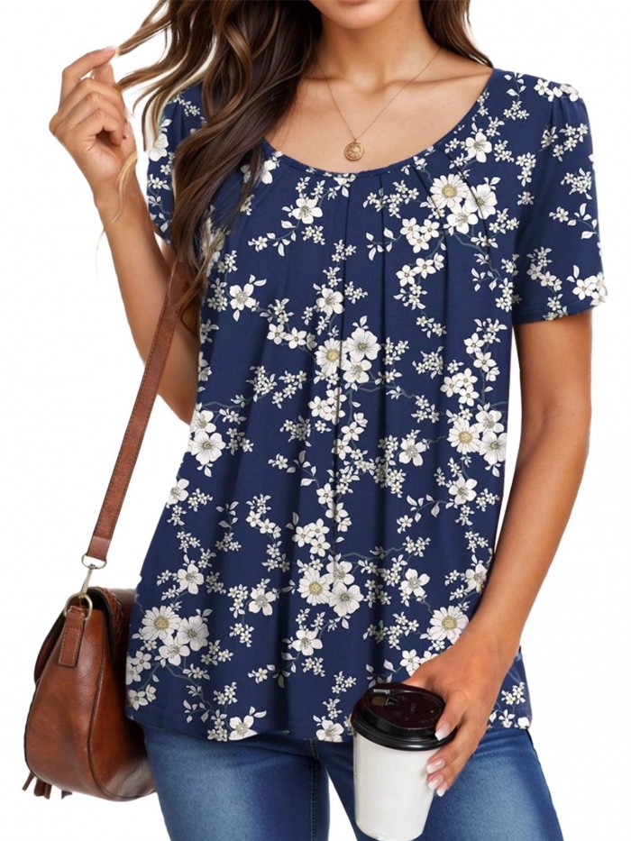 EASTHER Womens Summer Tops Casual Floral Blouses Short Sleeve Tunic Tops Pleated Dress Shirts