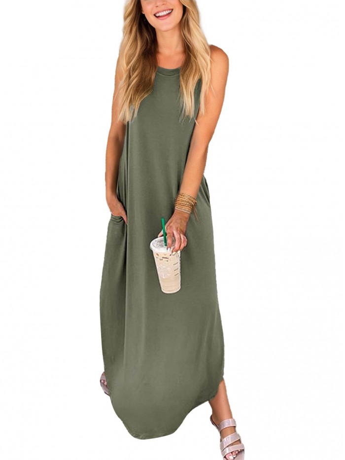 EASTHER Womens Maxi Dress Summer Casual Beach Dress Round Neck Sleeveless Long Dresses with Pockets