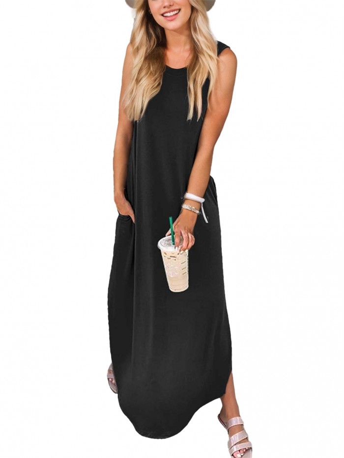 EASTHER Womens Maxi Dress Summer Casual Beach Dress Round Neck Sleeveless Long Dresses with Pockets