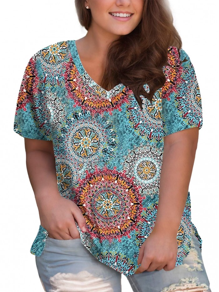 EASTHER Plus Size Tunic Tops for Women Summer V Neck T Shirts Short Sleeve Floral Blouses