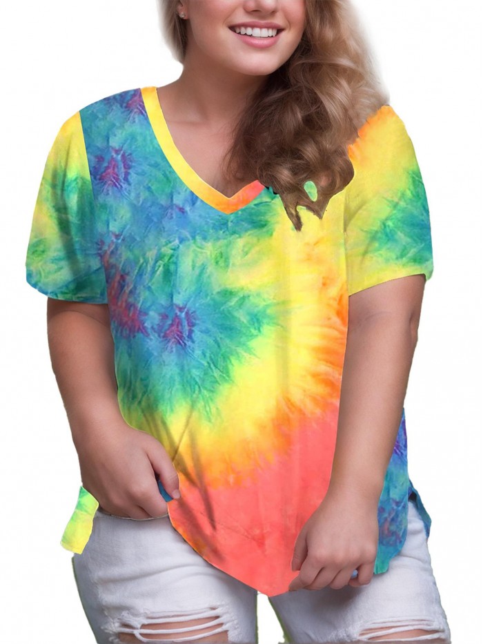 EASTHER Plus Size Tunic Tops for Women Summer V Neck T Shirts Short Sleeve Floral Blouses